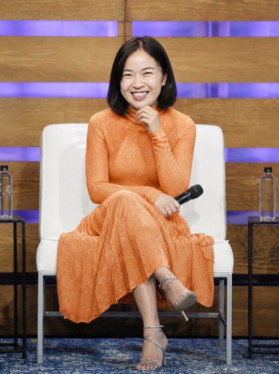 Soh Wan Wei on a notable engagement — orange dress, mic in hand, on a fireside stage.